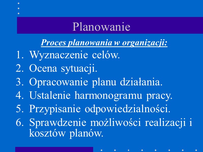 Planowanie Proces planowania w organizacji: Wyznaczenie celów. Ocena sytuacji. Opracowanie planu działania. Ustalenie harmonogramu
